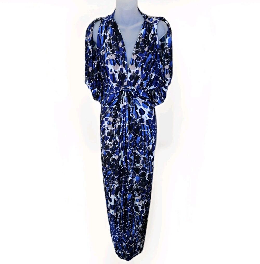 T-Bags Los Angeles Maxi Dress S Resortwear Draped Bodice Open Back Blue USA Made
